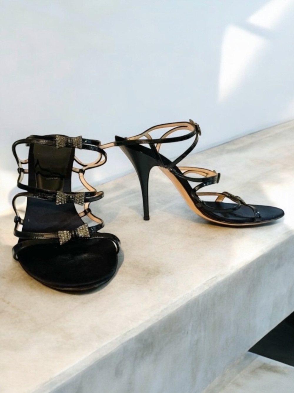 CASADEI Rhinestone Jewel Bow Patent Leather Stiletto Evening Sandals